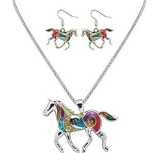 Multicolor Horse Pendant Necklace and Earrings Set